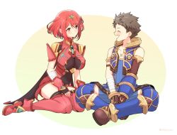 Rule 34 | 1boy, 1girl, blue shirt, blue thighhighs, blue vest, blush, breasts, brown hair, chest jewel, closed eyes, earrings, fingerless gloves, gloves, highres, indian style, jewelry, large breasts, mochimochi (xseynao), nintendo, pyra (xenoblade), red eyes, red hair, red thighhighs, rex (xenoblade), shirt, short hair, shorts, simple background, sitting, smile, swept bangs, thighhighs, tiara, vest, white background, xenoblade chronicles (series), xenoblade chronicles 2