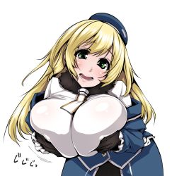 Rule 34 | 10s, 1girl, :d, atago (kancolle), beret, black gloves, blonde hair, blush, breast hold, breasts, breasts squeezed together, covered erect nipples, gloves, green eyes, hat, kantai collection, large breasts, leaning forward, long hair, long sleeves, looking at viewer, military, military uniform, off shoulder, oohira sansetto, oohira sunset, open mouth, smile, solo, uniform, upper body, white background