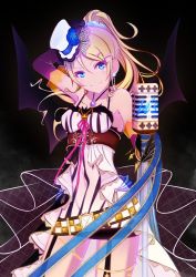 Rule 34 | 1girl, artist name, artist request, ayase eli, bare legs, bare shoulders, belt, belt buckle, black gloves, black wings, blonde hair, blue eyes, blue flower, blush, breasts, buckle, collarbone, dress, earrings, elbow gloves, female focus, flower, gloves, hair between eyes, hair ornament, hair over shoulder, hair scrunchie, hairclip, hat, hat flower, high ponytail, holding, holding microphone, holding microphone stand, jewelry, long hair, looking at viewer, love live!, love live! school idol festival, love live! school idol project, microphone, microphone stand, mini hat, mini top hat, miniskirt, necklace, parted lips, pink ribbon, plaid, plaid dress, plaid skirt, pleated, pleated dress, pleated skirt, ponytail, pumpkin print, ribbon, scrunchie, short hair, shorts, shorts under skirt, skirt, smile, solo, top hat, white belt, white dress, white hat, white scrunchie, white skirt, wings