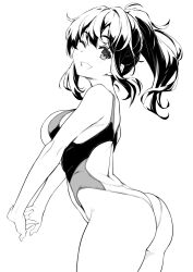 Rule 34 | 1girl, ass, bare shoulders, blush, breasts, competition swimsuit, greyscale, grin, highleg, highleg swimsuit, highres, kekemotsu, large breasts, long hair, looking at viewer, monochrome, one-piece swimsuit, one eye closed, original, ponytail, sidelocks, smile, solo, swimsuit, thighs, wedgie