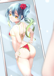 Rule 34 | 1girl, absurdres, ass, back, bare legs, bare shoulders, bikini, blue hair, breasts, closed mouth, flower, flower hair ornament, frilled bikini, frills, gradient hair, green hair, gyeonjahee, hair between eyes, hair ornament, hand on own hip, highres, holding, holding string, indie virtual youtuber, kc2c2, korean streamer, long hair, looking at ass, looking back, medium breasts, mirror, multicolored hair, ponytail, red bikini, red flower, red rose, reflection, ribbon-trimmed bikini, rose, simple background, solo, streamers, string, sweatdrop, swimsuit, two-tone hair, virtual youtuber, wedgie, yellow eyes, yellow frills