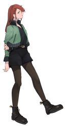 Rule 34 | 1girl, ankle boots, arms behind back, belt, black footwear, black shirt, black shorts, boots, brown belt, brown pantyhose, copyright request, from side, full body, gochiwa, green eyes, green jacket, hair ornament, hairclip, highres, jacket, long hair, looking at viewer, one-hour drawing challenge, open clothes, open jacket, pantyhose, parted lips, profile, red hair, shirt, short shorts, shorts, sideways glance, simple background, solo, white background