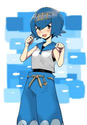 Rule 34 | 1girl, :d, absurdres, bare arms, black one-piece swimsuit, blue background, blue eyes, blue hair, blue pants, blue sailor collar, blush, breasts, bright pupils, chouku tetsushitsuiwa, clenched hands, creatures (company), eyelashes, game freak, hairband, hands up, highres, lana (pokemon), looking at viewer, medium breasts, nintendo, one-piece swimsuit, open mouth, pants, pokemon, pokemon sm, sailor collar, shirt, short hair, sleeveless, smile, solo, swimsuit, swimsuit under clothes, trial captain, wave print, white background, white pupils, white shirt