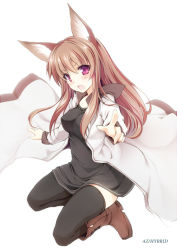 Rule 34 | 1girl, animal ears, black thighhighs, boots, brown hair, coat, dress, foreshortening, fox ears, frilled dress, frills, frown, kneeling, long hair, open mouth, original, pointing, pointing at viewer, purple eyes, simple background, slit pupils, solo, taut clothes, thighhighs, white background, won (az hybrid), zettai ryouiki