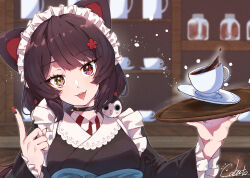 Rule 34 | 1girl, absurdres, animal ears, black collar, black kimono, breasts, brown hair, cobato., coffee, collar, cup, dog ears, dog hair ornament, fang, flower, frilled kimono, frills, hair flower, hair ornament, head tilt, heterochromia, highres, holding, holding tray, inui toko, japanese clothes, kimono, looking at viewer, low twintails, medium breasts, nail polish, nijisanji, plate, pointing, pointing up, red flower, red nails, smile, solo, teacup, tray, twintails, virtual youtuber