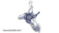 Rule 34 | !, 1boy, armor, blank eyes, flying, foreshortening, full body, greyscale, helmet, highres, kinnikuman, looking at viewer, mask, monochrome, muscular, nemesis (kinnikuman), official art, open mouth, pectorals, reaching, reaching towards viewer, serious, simple background, translation request, white background, wrestling, wrestling outfit, yellow eyes