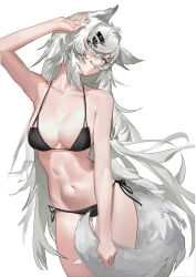 Rule 34 | 1girl, absurdres, animal ears, arknights, arms up, bare arms, bare shoulders, bikini, black bikini, blue eyes, commentary request, cowboy shot, grin, hair ornament, hairclip, highres, lappland (arknights), long hair, looking at viewer, navel, rui (woyoudabing rui), side-tie bikini bottom, simple background, smile, solo, standing, stomach, swimsuit, tail, very long hair, white background, white hair, wolf ears, wolf tail