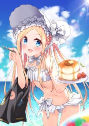 Rule 34 | 1girl, abigail williams (fate), abigail williams (swimsuit foreigner) (fate), abigail williams (swimsuit foreigner) (third ascension) (fate), absurdres, bare shoulders, bikini, black jacket, blonde hair, blue eyes, blue sky, blush, bonnet, bow, braid, braided hair rings, breasts, fate/grand order, fate (series), food, forehead, fork, hair bow, hair rings, highres, innertube, jacket, long hair, looking at viewer, miniskirt, navel, ocean, open mouth, pancake, parted bangs, plate, profnote, sidelocks, skirt, sky, small breasts, smile, swim ring, swimsuit, twin braids, twintails, unworn jacket, very long hair, white bikini, white bow, white headwear