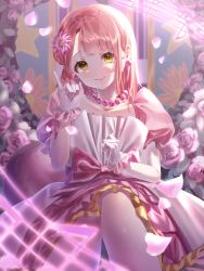 Rule 34 | 1girl, absurdres, artist name, artist request, awakening promise (love live!), bare legs, belt, blush, bow, braid, braided bun, breasts, cleavage, collarbone, dress, dress bow, earrings, falling petals, female focus, flower, frilled dress, frilled skirt, frills, gloves, green eyes, hair bun, hair flower, hair ornament, highres, jewelry, looking at viewer, love live!, love live! nijigasaki high school idol club, love live! school idol festival, miniskirt, musical note, necklace, orange hair, parted lips, pearl earrings, pearl necklace, petals, pink belt, pink bow, pink dress, pink flower, pink lips, pink petals, pink skirt, pink wrist cuffs, plaid, plaid dress, plaid skirt, pleated, pleated dress, pleated skirt, puffy short sleeves, puffy sleeves, red hair, short hair, short sleeves, side bun, single side bun, skirt, skirt under dress, small breasts, smile, solo, two-tone dress, uehara ayumu, white dress, white gloves, wrist cuffs, yellow eyes, yellow skirt