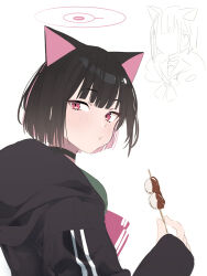 Rule 34 | 1girl, :t, animal ears, black hair, black jacket, blue archive, blunt bangs, blush, cat ears, cat girl, colored inner animal ears, colored inner hair, dango, eating, food, from behind, green sailor collar, halo, highres, holding, holding food, hood, hood down, hooded jacket, jacket, kazusa (blue archive), looking at viewer, looking back, multicolored hair, neckerchief, pink hair, pink halo, pink neckerchief, red eyes, sailor collar, simple background, solo, tetuw, upper body, wagashi, white background