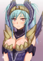 Rule 34 | 1girl, alatreon (armor), armor, bad id, bad pixiv id, bare shoulders, blue hair, blush, breasts, capcom, cleavage, gradient hair, green hair, highres, looking at viewer, monster hunter (series), monster hunter portable 3rd, multicolored hair, red eyes, shirajira, solo, twintails