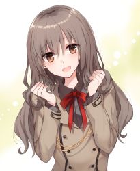 Rule 34 | 1girl, :d, blazer, blush, bow, brown eyes, brown hair, brown jacket, brown shirt, buttons, collared shirt, double-breasted, hair between eyes, hands up, head tilt, highres, jacket, kinona, long hair, long sleeves, looking at viewer, open mouth, original, red bow, school uniform, shirt, smile, solo, upper body, very long hair