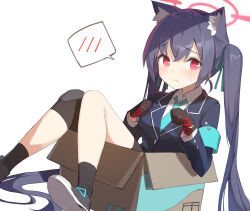 Rule 34 | 1girl, animal ear fluff, animal ears, aqua armband, aqua necktie, black footwear, black gloves, black socks, blue archive, blue hair, blue jacket, blush, box, cat ears, cat girl, closed mouth, collared shirt, embarrassed, gloves, hair between eyes, halo, highres, in box, in container, jacket, knee pads, knees together feet apart, knees up, lapels, long hair, long sleeves, looking at viewer, miya kazutomo, multicolored clothes, multicolored gloves, necktie, paw pose, red eyes, red gloves, red halo, serika (blue archive), shirt, simple background, single knee pad, slit pupils, socks, solo, spoken blush, sweat, twintails, very long hair, white background, white shirt