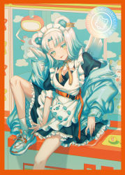 Rule 34 | 1girl, animal ears, apron, asuda, bear ears, black dress, blue jacket, brown eyes, comiket 99, commentary request, crane game, dress, feet out of frame, frilled apron, frilled dress, frills, grey footwear, grey socks, head tilt, highres, jacket, knee up, long sleeves, looking at viewer, maid, maid apron, maid headdress, original, parted bangs, puffy long sleeves, puffy short sleeves, puffy sleeves, shoes, short sleeves, sitting, sleeves past wrists, socks, solo, stuffed animal, stuffed toy, teddy bear, thick eyebrows, white apron, white hair