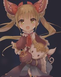 Rule 34 | 1girl, blonde hair, blush, bow, commentary request, dark background, double bun, dress, frilled dress, frilled sleeves, frills, hair bun, hair ornament, holding, lolita fashion, long hair, looking at viewer, luna (shadowverse), micopp, open mouth, red ribbon, ribbon, shadowverse, simple background, smile, solo, twintails, yellow eyes
