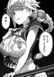 Rule 34 | 10s, 1girl, alternate eye color, black background, braid, breasts, cleavage cutout, clothing cutout, ebiblue, gesugao, greyscale, hair ornament, kantai collection, large breasts, long hair, midriff, monochrome, polearm, red eyes, shaded face, short sleeves, silver hair, single braid, solo, spot color, twitter username, unryuu (kancolle), very long hair, weapon
