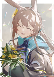 Rule 34 | 1girl, :d, amiya (arknights), animal ears, arknights, ascot, black coat, border, bouquet, brown hair, chichi guai, closed eyes, clothes writing, coat, facing viewer, flower, grey background, hair flower, hair ornament, highres, holding, holding bouquet, hood, hood down, hooded coat, long hair, long sleeves, low ponytail, open clothes, open coat, open mouth, outside border, purple ascot, rabbit ears, sidelocks, simple background, smile, solo, sunflower, sunflower hair ornament, upper body, white border, yellow flower