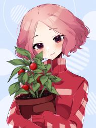 Rule 34 | 1girl, absurdres, blush, brown eyes, brown hair, closed mouth, emi star, flower pot, forehead, gym uniform, head tilt, highres, hug, jacket, lips, long sleeves, looking at viewer, hugging object, okumura haru, persona, persona 5, pink lips, plant, potted plant, red jacket, short hair, smile, solo, symbol-only commentary, tomato, track jacket, uniform, upper body
