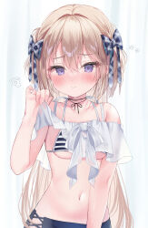 Rule 34 | 1girl, bare shoulders, bikini, blurry, blurry background, blush, bow, breasts, brown hair, closed mouth, collarbone, commentary request, depth of field, ebihara beniko, flying sweatdrops, hair between eyes, hair bow, hand up, highres, lifted by self, long hair, looking at viewer, medium breasts, navel, original, plaid, plaid bow, purple eyes, solo, squiggle, striped bikini, striped clothes, swimsuit, very long hair, wavy mouth