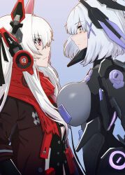 Rule 34 | 2girls, absurdres, alpha (punishing: gray raven), asymmetrical docking, black jacket, breast press, breasts, from side, grey background, grey eyes, grey hair, hair between eyes, hair ornament, headgear, headphones, highres, jacket, kongbai huanxiang, large breasts, long hair, long sleeves, lucia: crimson abyss (punishing: gray raven), mecha musume, medium hair, multiple girls, parted lips, punishing: gray raven, red eyes, red scarf, rosetta: rigor (punishing: gray raven), rosetta (punishing: gray raven), scarf, sidelocks, small breasts, sweatdrop, white hair, x hair ornament