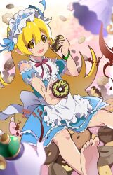 Rule 34 | 1girl, alternate costume, apron, back bow, bakemonogatari, bare shoulders, barefoot, blonde hair, blue dress, blue ribbon, blurry, blurry background, blurry foreground, blush stickers, body blush, bow, bracelet, chocolate doughnut, depth of field, dot nose, doughnut, dress, enmaided, fang, feet, food, french cruller, frilled apron, frilled hairband, frills, full body, green bracelet, hair flaps, hairband, hand on own face, hand up, highres, holding, holding food, jewelry, knee blush, long hair, looking at viewer, maid, maid apron, maid headdress, mashimaro tabetai, monogatari (series), neck ribbon, open mouth, oshino shinobu, pointy ears, pon de ring, red ribbon, ribbon, ringed eyes, shoulder blush, sidelocks, sitting, smile, soles, solo, squirting liquid, tea, teapot, toes, very long hair, waist apron, white apron, white bow, yellow eyes