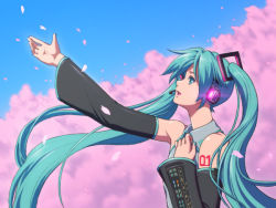 Rule 34 | 1girl, cherry blossoms, detached sleeves, green hair, hatsune miku, long hair, looking up, matsudo aya, necktie, solo, twintails, very long hair, vocaloid