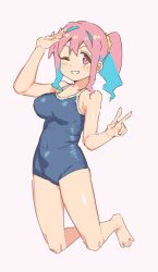 Rule 34 | 1girl, ;), absurdres, bare arms, bare legs, bare shoulders, barefoot, blue hair, blue one-piece swimsuit, breasts, commentary, covered navel, full body, grin, hair between eyes, hair intakes, hand up, highres, hozuki kaede, karubi (karubi465558), large breasts, light blush, long hair, looking at viewer, multicolored hair, new school swimsuit, one-piece swimsuit, one eye closed, onii-chan wa oshimai!, pink background, pink eyes, pink hair, ponytail, school swimsuit, sidelocks, simple background, smile, solo, swimsuit, two-tone hair, v