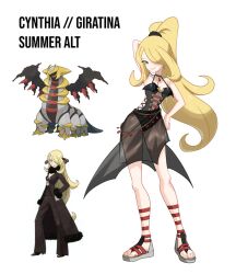 Rule 34 | 1girl, alternate costume, alternate hairstyle, arm up, blonde hair, character name, choker, commentary, contrapposto, creatures (company), cynthia (pokemon), dragon, english commentary, english text, full body, game freak, gen 4 pokemon, giratina, giratina (altered), gladiator sandals, grey eyes, hair over one eye, hand on own hip, highres, legendary pokemon, long hair, looking at viewer, nintendo, official art inset, pokemon, pokemon (creature), pokemon dppt, ponytail, reference inset, rhymewithray, sandals, see-through, smile, standing, swimsuit, white background, wings