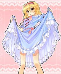 Rule 34 | 1girl, alice margatroid, blonde hair, blush, brown eyes, clothes lift, dress, dress lift, embarrassed, female focus, frills, from below, frown, gathers, hairband, highres, legs, sakino shingetsu, short hair, simple background, solo, the iron of yin and yang, touhou