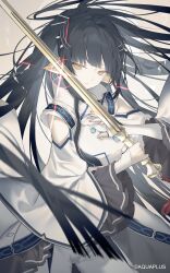 1girl animal_ears black_hair breasts closed_mouth clothing_request commentary_request cowboy_shot floating_hair glint hair_spread_out hand_up highres holding holding_sword holding_weapon japanese_clothes kotarou_(kot_mochi) long_hair medium_breasts serious sidelocks solo sword utawarerumono very_long_hair weapon yellow_eyes yuzuha_(utawarerumono)