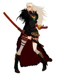 Rule 34 | 00s, boots, cuffs, dungeon and fighter, earrings, female slayer (dungeon and fighter), jewelry, katana, lots of jewelry, shackles, sword, thighhighs, weapon, white hair
