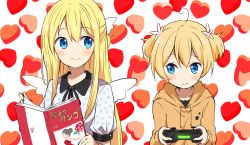 Rule 34 | 2girls, ahoge, amatsuka poi, bad id, bad pixiv id, black ribbon, blonde hair, blue eyes, blush, book, brown hoodie, chikanoko, closed mouth, collarbone, collared shirt, commentary request, controller, eye contact, flower, game controller, glowing, hair between eyes, hair flower, hair ornament, heart, heart background, highres, holding, holding book, hood, hood down, hoodie, long hair, looking at another, looking to the side, mini wings, multiple girls, neck ribbon, open book, polka dot, polka dot shirt, puffy short sleeves, puffy sleeves, ragho no erika, ribbon, shirt, short sleeves, short twintails, twintails, uchino chika, very long hair, wavy mouth, white background, white flower, white shirt, white wings, wings