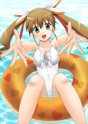 Rule 34 | 10s, 1girl, brown hair, casual one-piece swimsuit, dog days, fuuma nagi, green eyes, highres, innertube, long hair, one-piece swimsuit, outstretched arms, rebecca anderson, revision, solo, swim ring, swimsuit, water, white one-piece swimsuit