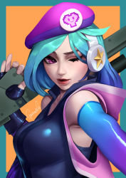 Rule 34 | 1girl, arcade caitlyn, bad id, bad pixiv id, bare shoulders, beret, blue border, blue gloves, blue hair, border, breasts, caitlyn (league of legends), elbow gloves, fingernails, gloves, gradient gloves, gun, hand up, hat, headphones, highres, holding, holding gun, holding weapon, large breasts, league of legends, one eye closed, paid reward available, purple eyes, purple gloves, purple hat, red lips, signature, solo, sparrowl, upper body, weapon