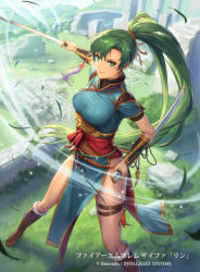 Rule 34 | 1girl, arm guards, boots, breasts, brown footwear, closed mouth, commentary request, company name, copyright name, cuboon, day, fire emblem, fire emblem: the blazing blade, fire emblem cipher, fur trim, grass, green eyes, green hair, holding, holding sword, holding weapon, lips, long hair, long legs, looking at viewer, lyn (fire emblem), medium breasts, nintendo, official art, outdoors, pelvic curtain, ponytail, scabbard, sheath, short sleeves, slashing, sword, thigh strap, weapon