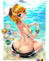 Rule 34 | 1girl, arched back, ass, bikini, blonde hair, blue eyes, blush, butt crack, character name, dimples of venus, fingers together, hair ornament, hairband, huge ass, imazon, kagamine rin, kneeling, micro bikini, open mouth, panties, partially submerged, short hair, shorts, side-tie bikini bottom, solo, sparkle, swimsuit, thong, thong bikini, underwear, vocaloid, watch, water, wet, whale tail (clothing), wide hips, wristwatch