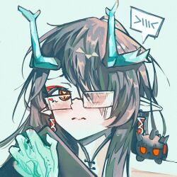 Rule 34 | &gt; &lt;, arknights, arm tattoo, black hair, blush, chibi, chibi inset, dragon horns, drawing tablet, dusk (arknights), earrings, eyeliner, glasses, hair over one eye, heart, heart-shaped pupils, highres, holding, horns, jewelry, long hair, looking at viewer, makeup, messy, nikov, pointy ears, red eyeliner, red eyes, sketch, symbol-shaped pupils, tassel, tassel earrings, tattoo, wavy mouth