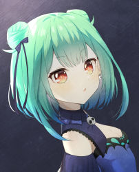 Rule 34 | 1girl, bare shoulders, blue dress, blush, breasts, double bun, dress, earrings, fang, from side, green hair, hair bun, hair intakes, hair ornament, highres, hololive, jewelry, looking at viewer, red eyes, short hair, simple background, skin fang, skull, skull earrings, small breasts, solo, syhan, upper body, uruha rushia, uruha rushia (1st costume), virtual youtuber