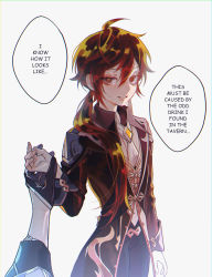 Rule 34 | 1boy, absurdres, age regression, aged down, black gloves, black hair, brown hair, child, earrings, english text, formal, genshin impact, gloves, hair between eyes, highres, jacket, jewelry, jullian desu, long hair, long sleeves, looking at viewer, male focus, multicolored hair, multiple boys, open mouth, ponytail, simple background, single earring, speech bubble, suit, tartaglia (genshin impact), vision (genshin impact), white background, yellow eyes, zhongli (genshin impact)