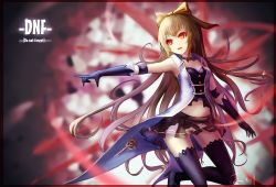 Rule 34 | 00s, 1girl, blonde hair, dungeon and fighter, gloves, long hair, midriff, red eyes, solo, thighhighs, wangchuan de quanyan