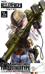 Rule 34 | 1girl, absurdres, artist name, backwards hat, baseball cap, belt, black gloves, blue skirt, brown-tinted eyewear, brown bag, brown hat, brown vest, buckle, bulletproof vest, cable, camouflage, commentary request, company name, copyright name, cowboy shot, desert camouflage, digital camouflage, english text, fim-92 stinger, from behind, gloves, green belt, green eyes, gun, hair tie, hat, headset, highres, holding, holding weapon, holster, holstered, kamotama, lineart, lips, little armory, long hair, looking at viewer, man-portable air-defense system, missile launcher, optical sight, over shoulder, pleated skirt, radio, rocket launcher, safety glasses, second-party source, shirt, simple background, skirt, sleeves past elbows, sleeves rolled up, solo, tinted eyewear, tomytec, utility belt, vest, weapon, weapon name, weapon over shoulder, white background, white hair, white shirt