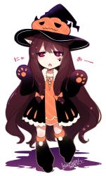 Rule 34 | 1girl, animal ears, arm warmers, black hat, blush, bow, brown hair, chestnut mouth, chibi, commentary request, dated, dress, ears down, halloween, hands up, hat, jacket, jitome, konshin, long hair, looking at viewer, open clothes, open jacket, orange bow, orange dress, orange skirt, original, purple eyes, short dress, signature, simple background, skirt, solo, standing, standing on one leg, very long hair, white background