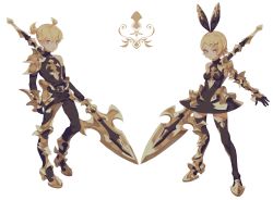 Rule 34 | 1boy, 1girl, ahoge, armor, armored boots, armored dress, blonde hair, blue eyes, boots, bow, breasts, detached sleeves, dress, eyelashes, fajyobore, full body, hair ornament, hairclip, holding, holding weapon, huge weapon, kagamine len, kagamine rin, looking at viewer, polearm, short hair, siblings, simple background, small breasts, spear, symbol, thighhighs, vocaloid, weapon, white background