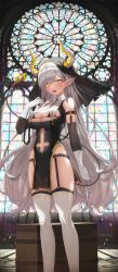 Rule 34 | 1girl, absurdres, breasts, cleavage, commentary, crate, detached sleeves, garter belt, garter straps, glasses, grey hair, highres, horns, kinos (kw00789), large breasts, long hair, looking at viewer, nun, original, pointy ears, smile, solo, stained glass, thighhighs, white thighhighs, yellow eyes