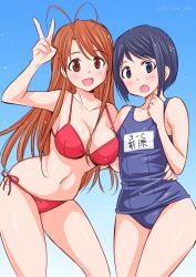 Rule 34 | 2girls, :d, :o, abe tsukumo, antenna hair, arm around waist, artist name, bare shoulders, bent over, bikini, blue background, blue eyes, blue hair, blue one-piece swimsuit, blush, bob cut, breasts, brown eyes, brown hair, character name, cleavage, clenched hand, collarbone, commentary, cowboy shot, gradient background, hand up, highres, large breasts, leaning forward, light particles, long hair, looking at viewer, love hina, maehara shinobu, multiple girls, name tag, narusegawa naru, navel, old school swimsuit, one-piece swimsuit, open mouth, red bikini, school swimsuit, short hair, side-by-side, side-tie bikini bottom, signature, small breasts, smile, standing, string bikini, surprised, swept bangs, swimsuit, translated, twitter username, v, very long hair, white background
