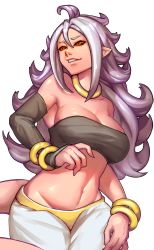 Rule 34 | 1girl, absurdres, ahoge, android 21, artist request, baggy pants, bangle, black sclera, bracelet, breasts, cleavage, colored sclera, colored skin, dragon ball, dragon ball fighterz, harem pants, highres, huge filesize, incredibly absurdres, jewelry, large breasts, long hair, majin android 21, midriff, navel, pants, pink skin, pointy ears, red eyes, smile, smirk, solo, stomach, strapless, teeth, tube top, very long hair, white hair
