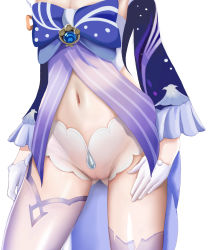 Rule 34 | 1girl, absurdres, bow, bowtie, breasts, cameltoe, cleavage, frilled skirt, frills, genshin impact, gloves, gluteal fold, hand on own thigh, highres, kokanoko, long sleeves, lower body, midriff, navel, no panties, open clothes, sangonomiya kokomi, see-through shorts, short shorts, shorts, skirt, stomach, thighhighs, thighs, vision (genshin impact), water drop, white gloves, white shorts