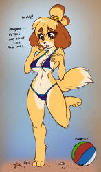 Rule 34 | 1girl, animal crossing, animal ears, animal hands, artist name, ball, barefoot, beachball, bell, bikini, blonde hair, blue background, blush, breasts, brown eyes, character name, cleavage, collarbone, dated, dog ears, dog girl, dog tail, embarrassed, english text, female focus, fluff kevlar, full body, furry, furry female, hair bell, hair ornament, hair tie, hands up, isabelle (animal crossing), jingle bell, leg up, looking down, medium breasts, navel, nintendo, purple bikini, short hair, signature, solo, standing, standing on one leg, swimsuit, tail, talking, text focus, topknot, underboob