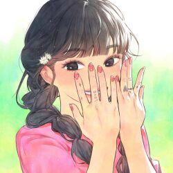 Rule 34 | 1girl, black eyes, black hair, blunt bangs, body writing, braid, covering face, ddini, eyelashes, female focus, flower, green background, hair flower, hair ornament, hair over shoulder, hands up, happy, heart, highres, lipstick, long hair, looking at viewer, makeup, nail polish, original, pink shirt, portrait, red nails, shirt, smile, solo, sparkle, twin braids, twintails, white flower