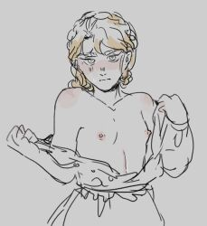 Rule 34 | 1girl, blonde hair, blush, braid, breasts, breasts out, dio brando, dress, genderswap, genderswap (mtf), jojo no kimyou na bouken, long hair, looking at viewer, nipples, open clothes, panamimpi, phantom blood, small breasts, solo, undressing
